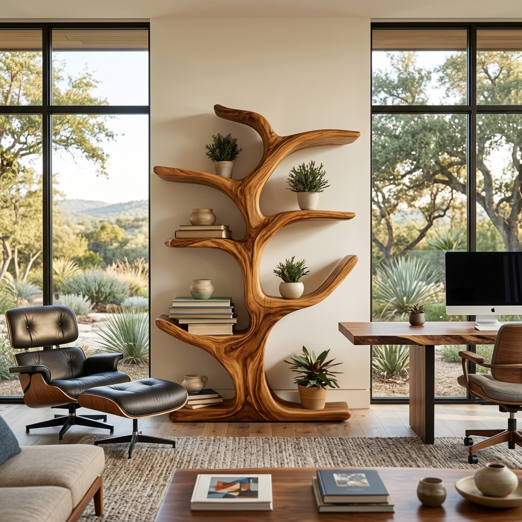 Handmade Wood Bookshelf Sculptural Curved Design For Living Room