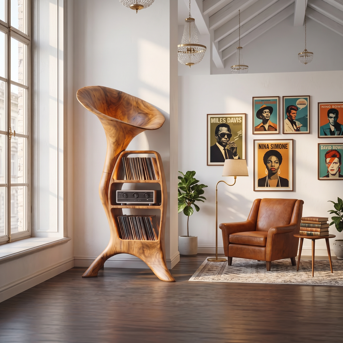 Wood Record Player Stand, Tall Cube Vinyl Shelf for Entryway