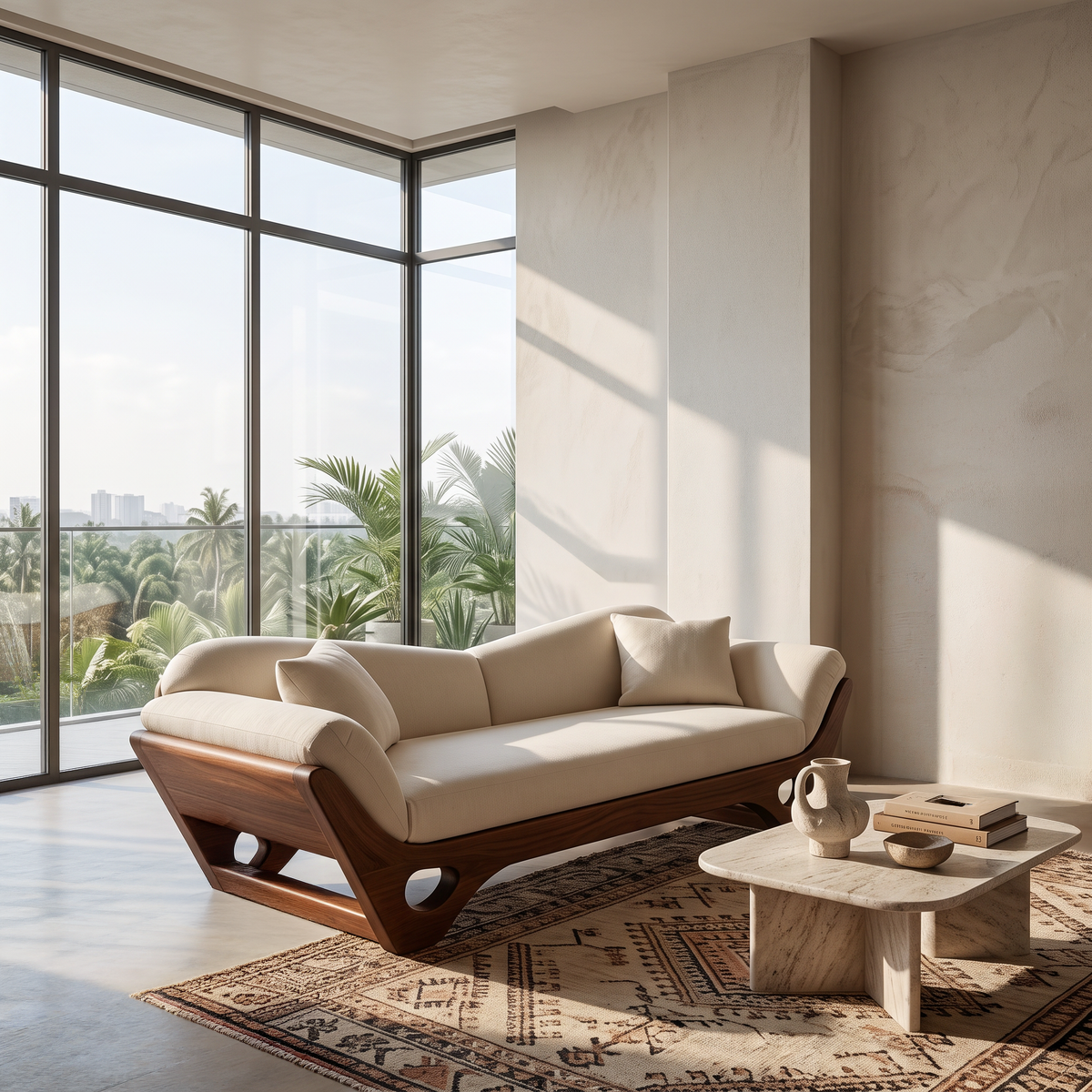 Artistic Wooden Sofa With Sculptural Organic Frame For Contemporary