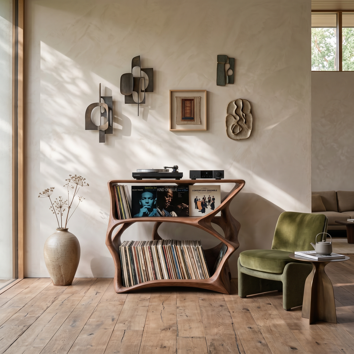 Record Player Stand, Farmhouse Solid Wood Vinyl Storage Console