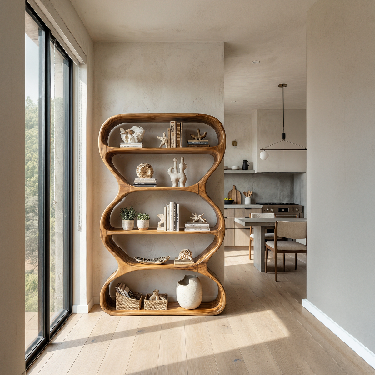 Contemporary Curved Wood Bookshelf, Handcrafted Artistic Solid Wooden Bookshelf and Floating Display Rack for Living Room Decor
