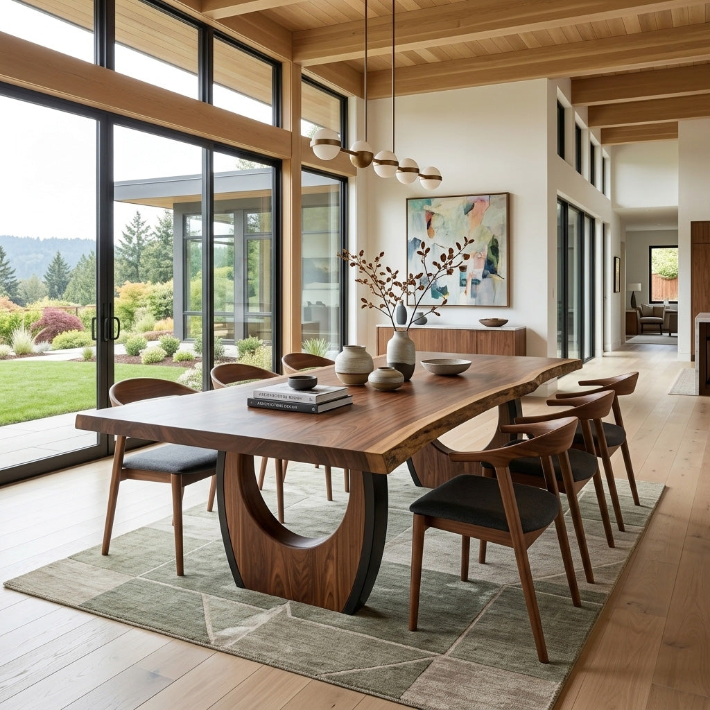 Live Edge Dining Table, Rustic Solid Wood Table with Sculptural Base