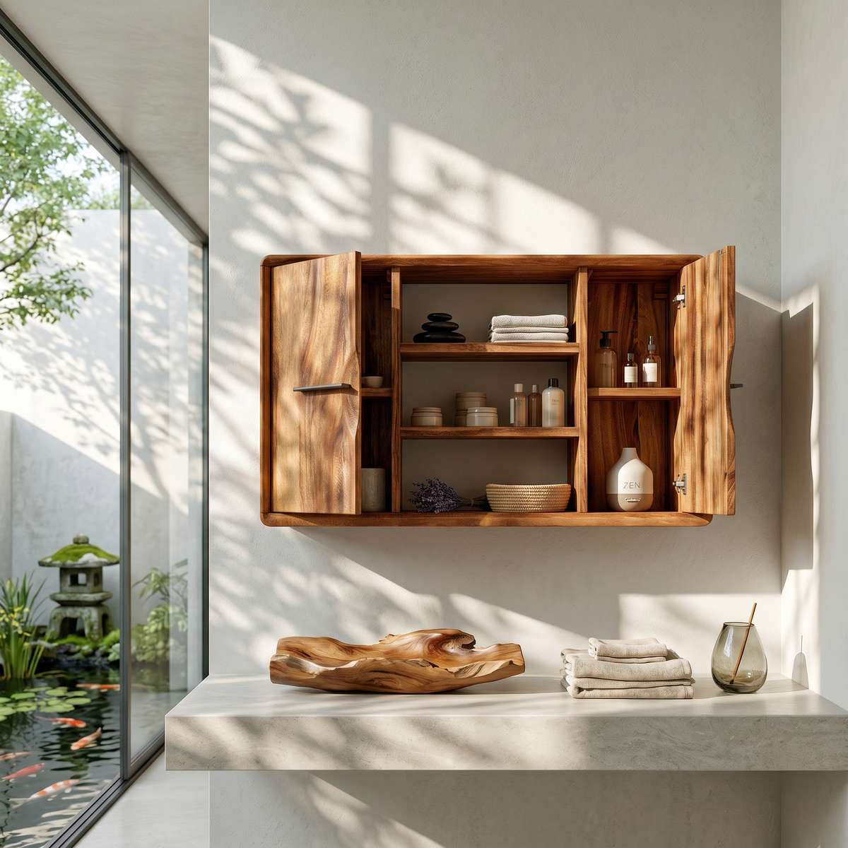 Japandi Solid Wood Open Shelf Bathroom Cabinet
