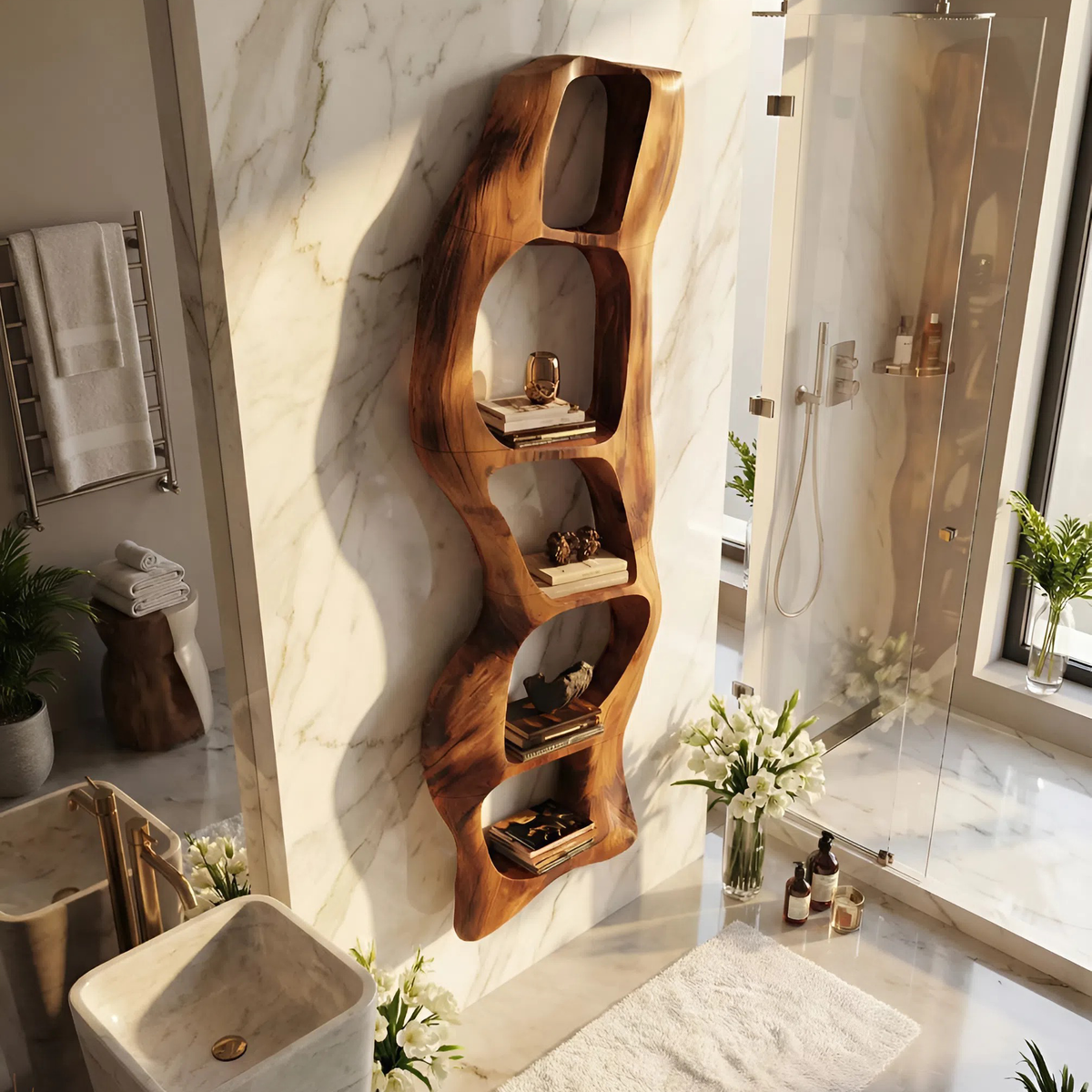 Contemporary Wooden Wall Shelf, Handcrafted Solid Wood Floating Storage Display Ledge Rack for Bedroom & Living Room Wall Accent