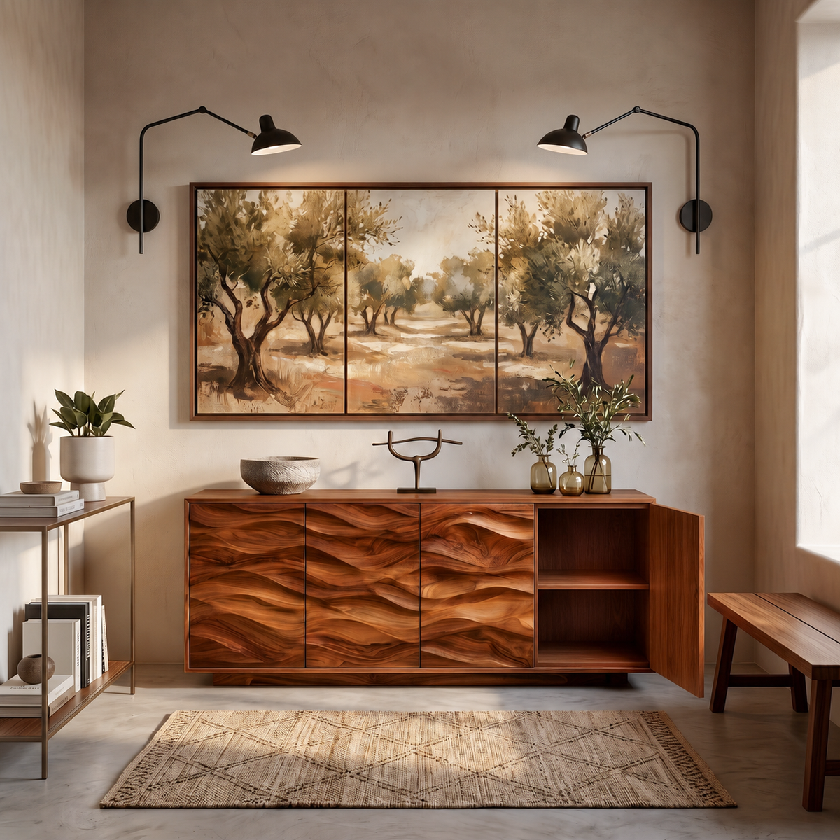 Minimalist Wooden Wave Carved Sideboard
