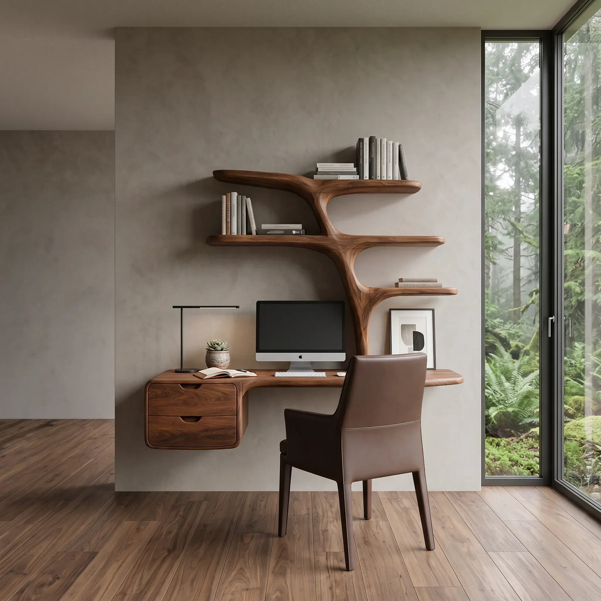 Contemporary Floating Desk Tree Form Bookshelf And Drawer For