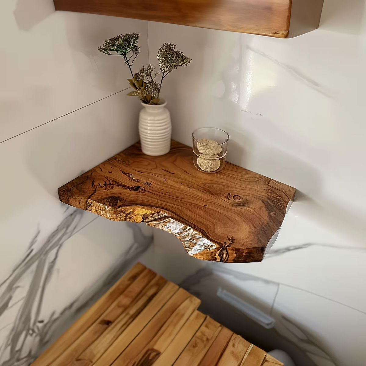Floating Corner Shelves, Solid Wood Wall Display Shelf for Decor