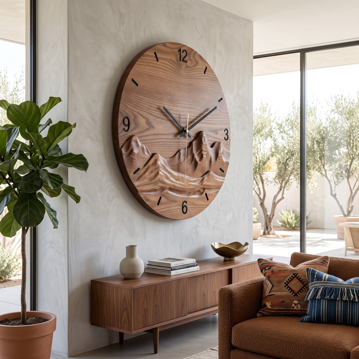 Artisanal Hand-Carved Solid Wood Mountain Wall Clock & Round 3D Landscape Relief Wall Art