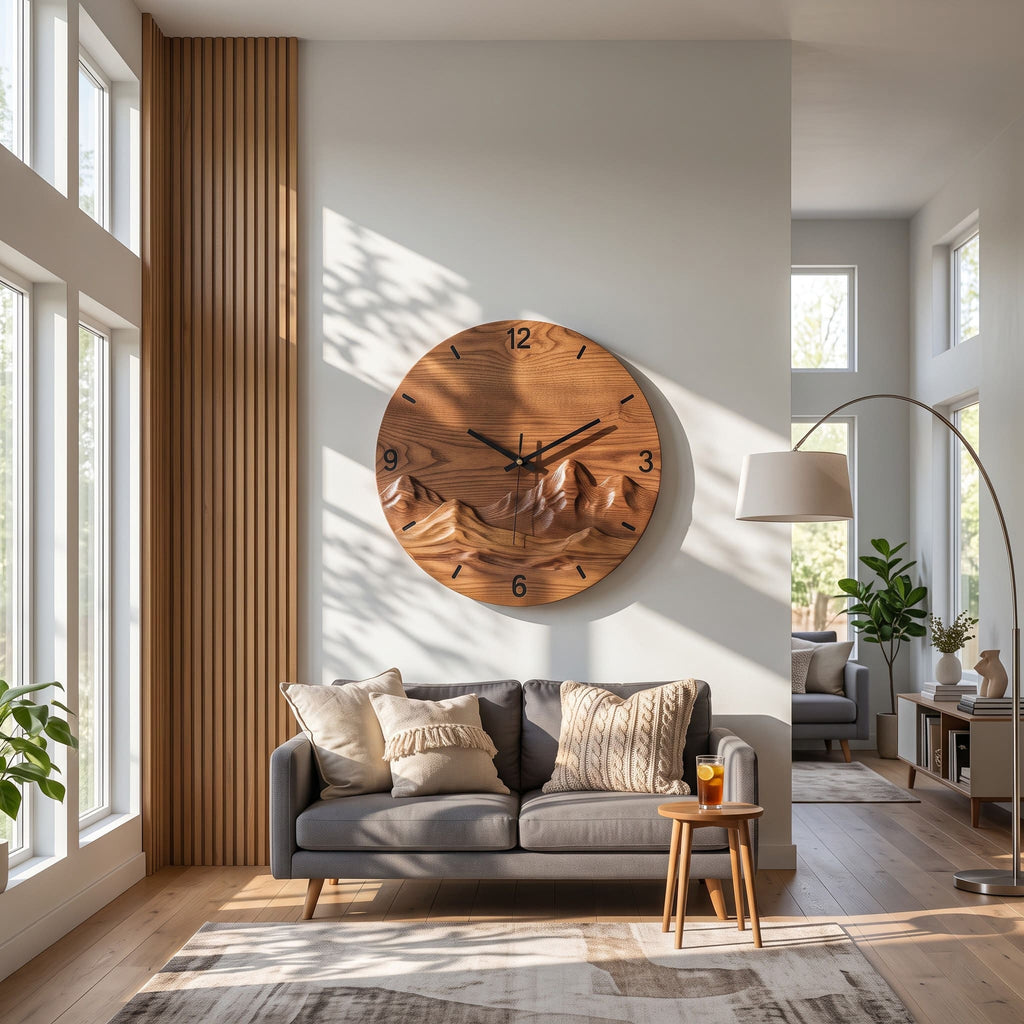 Artisanal Hand-Carved Solid Wood Mountain Wall Clock & Round 3D Landscape Relief Wall Art