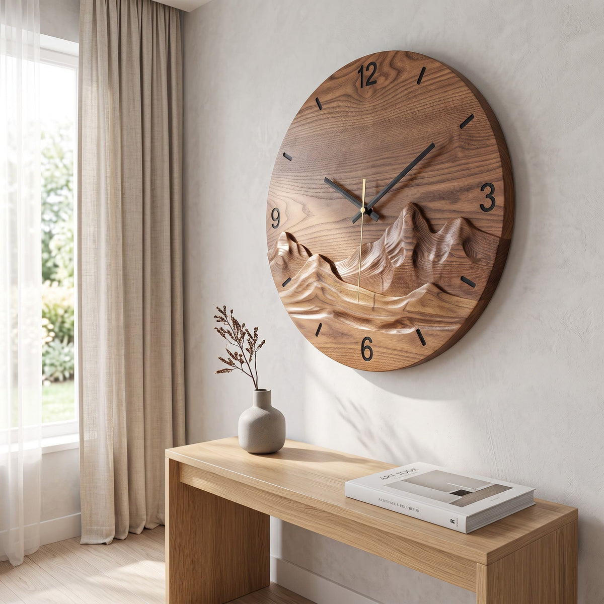 Artisanal Hand-Carved Solid Wood Mountain Wall Clock & Round 3D Landscape Relief Wall Art