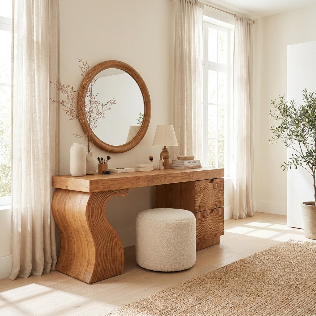 Solid Wood Vanity Desk With Carved Fluted Drawers