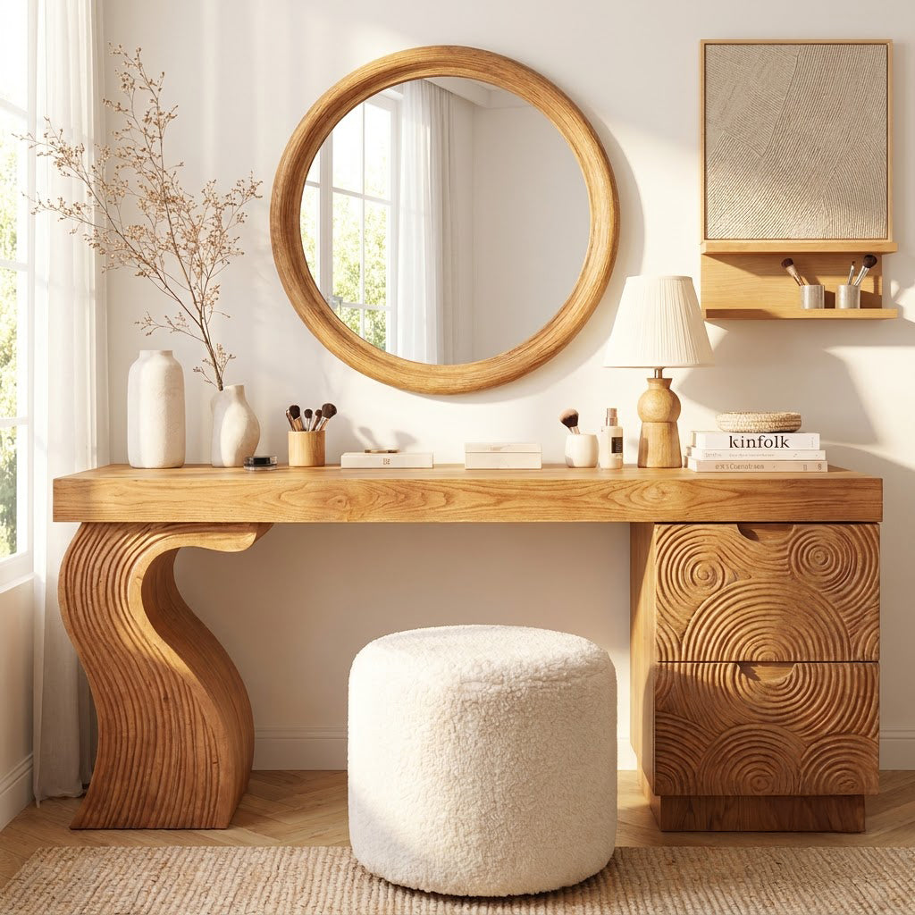 Solid Wood Vanity Desk With Carved Fluted Drawers