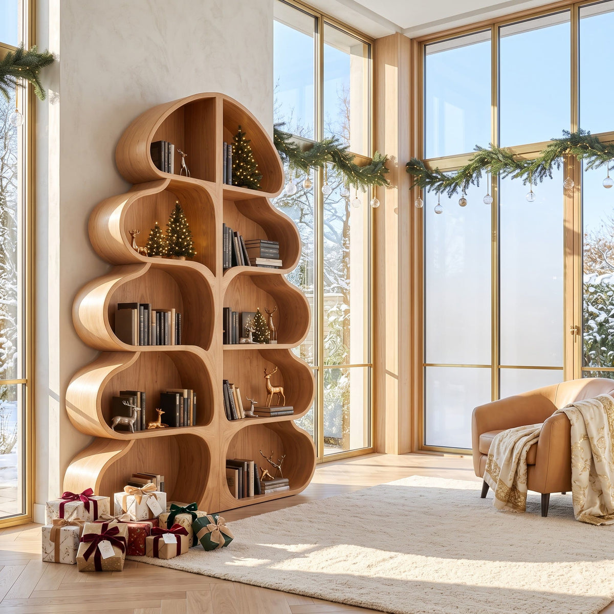 Authentic Hand-Carved Solid Wood Christmas Tree Bookshelf