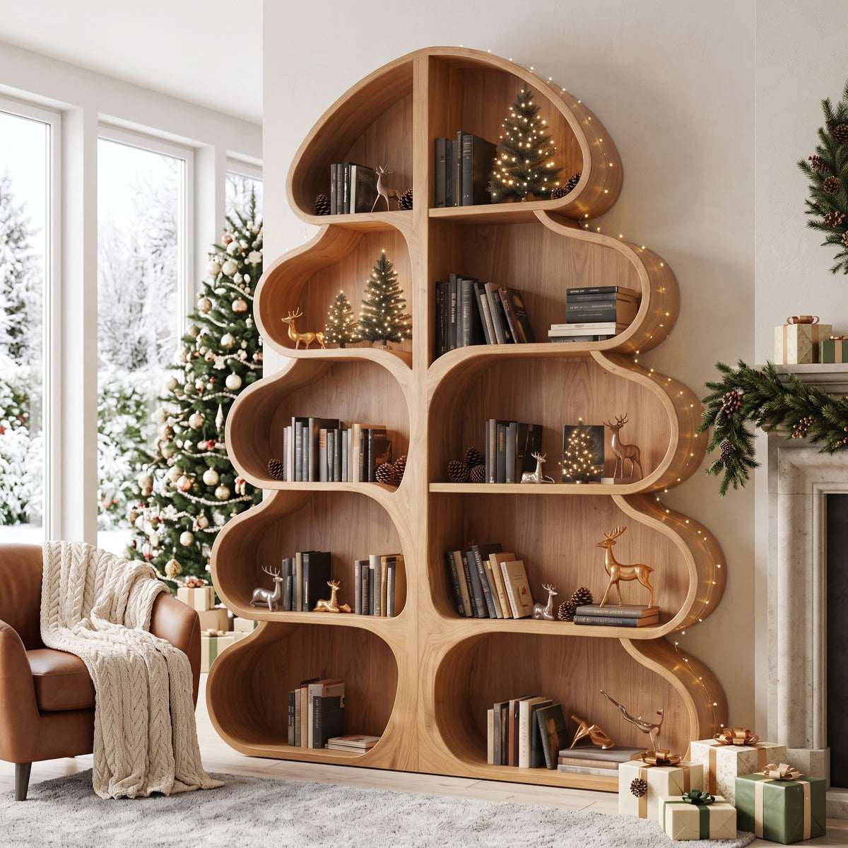 Authentic Hand-Carved Solid Wood Christmas Tree Bookshelf