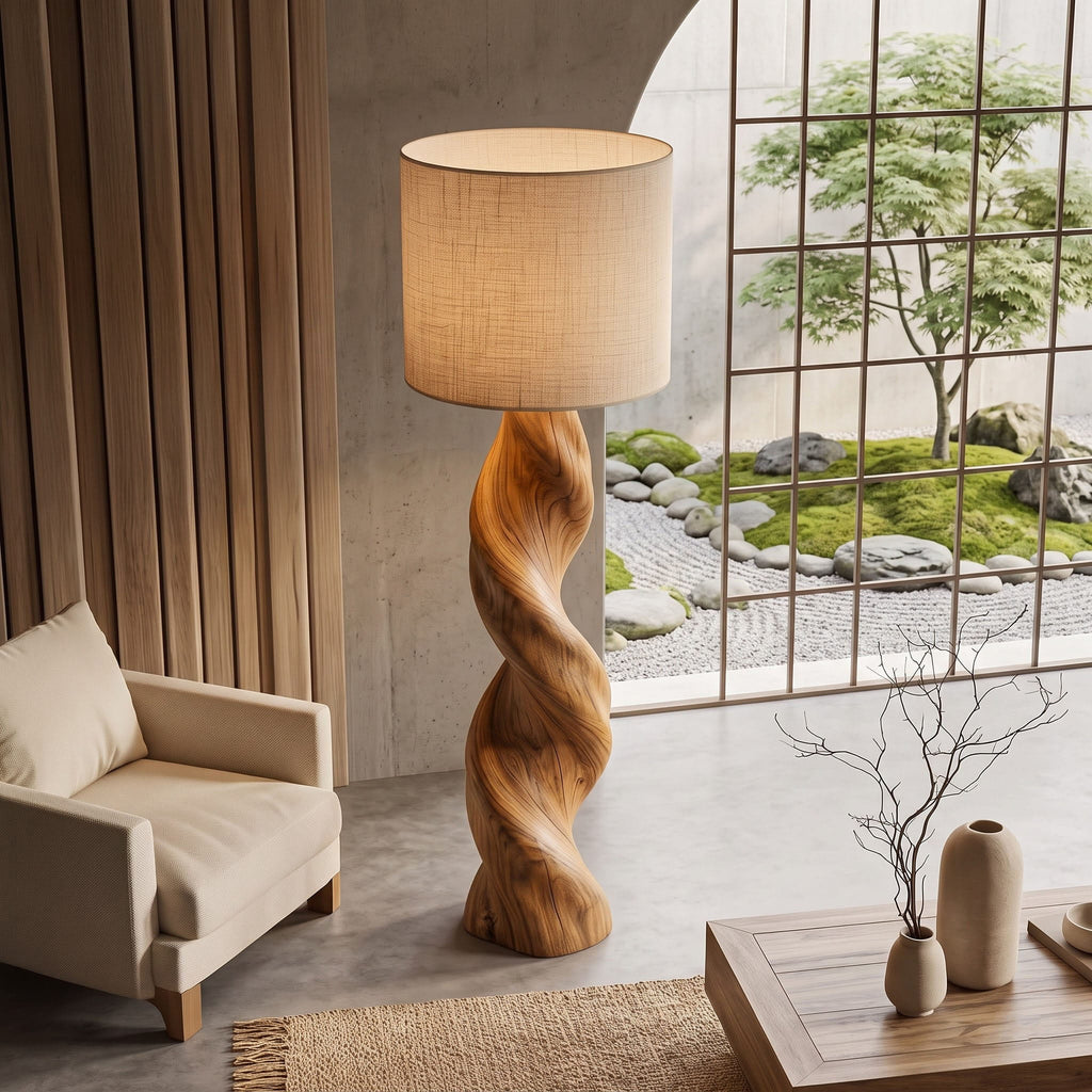 Authentic Hand-Carved Solid Wood Twisted Floor Lamp