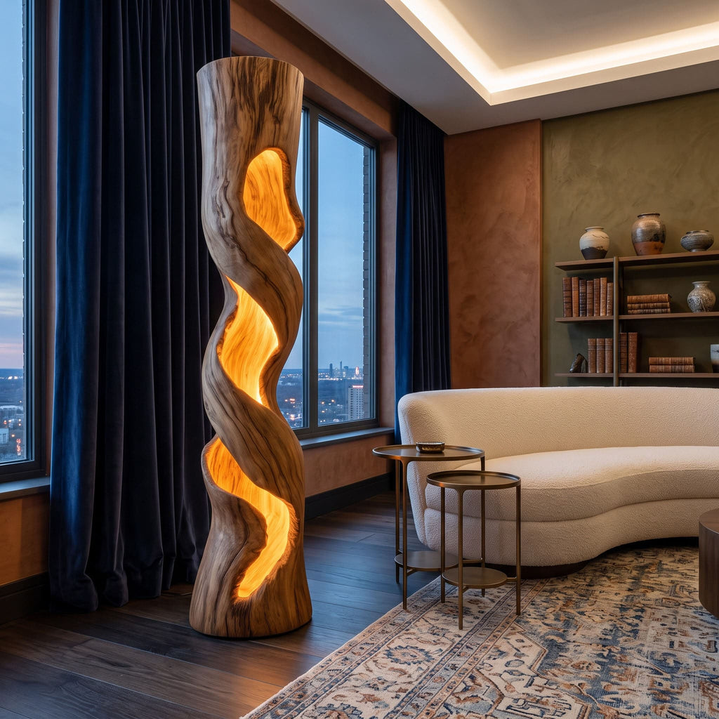 Authentic Hand-Carved Solid Wood Twisted Floor Lamp