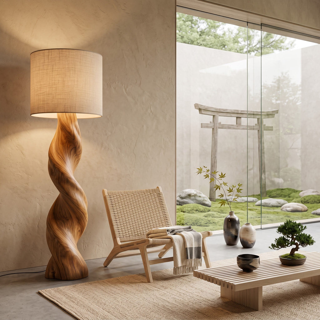 Authentic Hand-Carved Solid Wood Twisted Floor Lamp