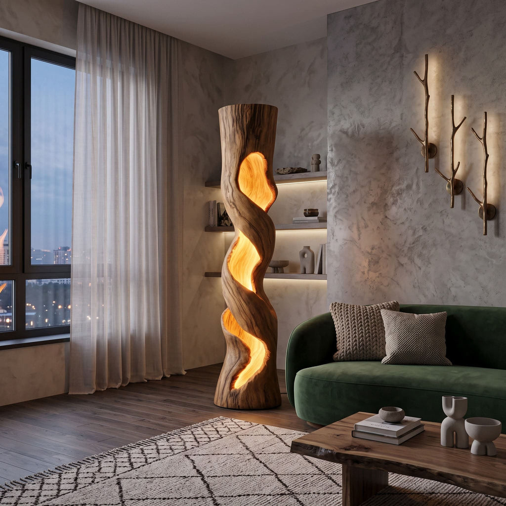 Authentic Hand-Carved Solid Wood Twisted Floor Lamp