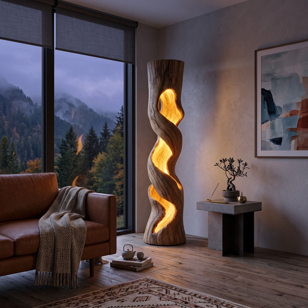 Authentic Hand-Carved Solid Wood Twisted Floor Lamp