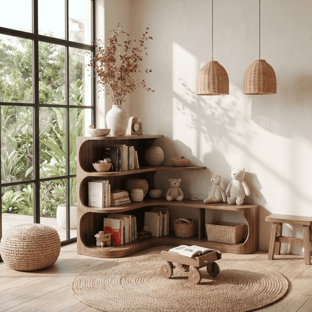 Biophilic Sculptural Solid Wood Curved Corner Bookshelf