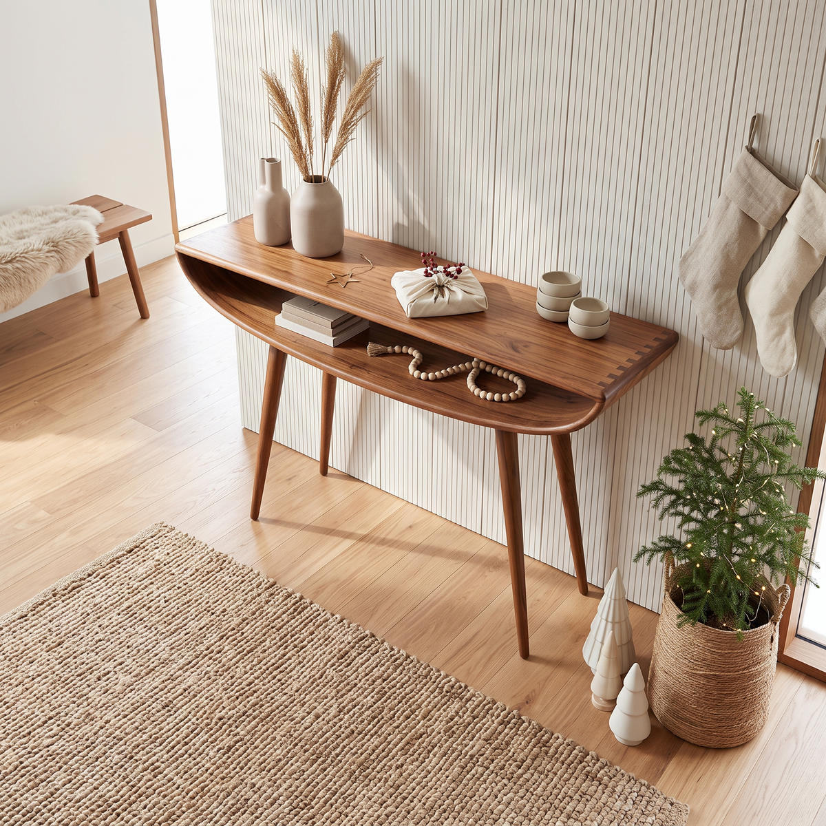 Curved Console Table, Mid Century Solid Wood Entryway Table