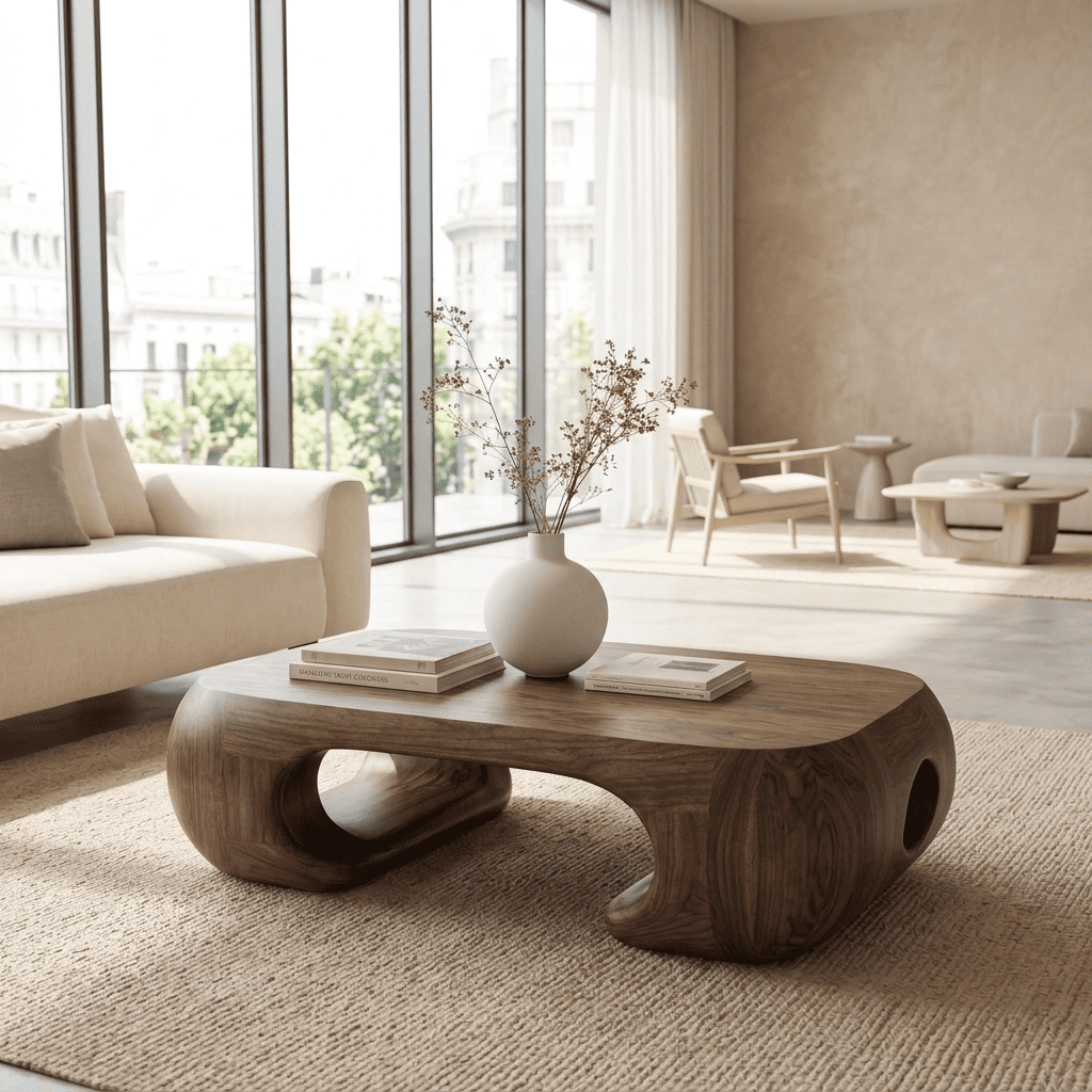 Curved Biomorphic Solid Wood Coffee Table Monolithic Organic Low Table