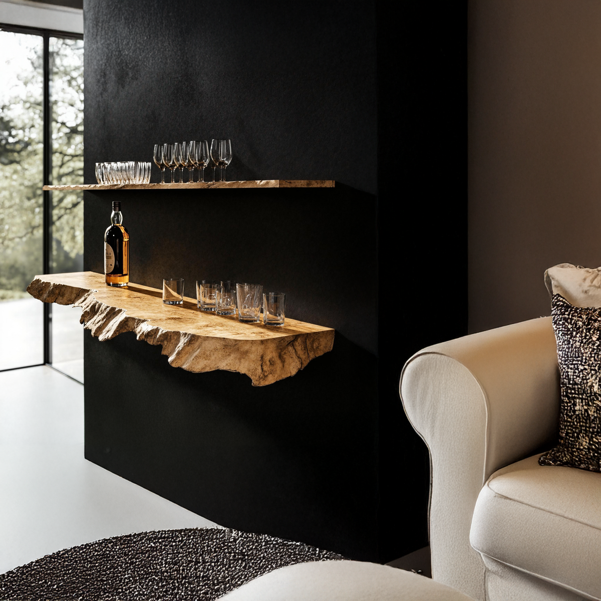 Floating Bar Shelf, Rustic Natural Wood Wall Shelf for Home Bars