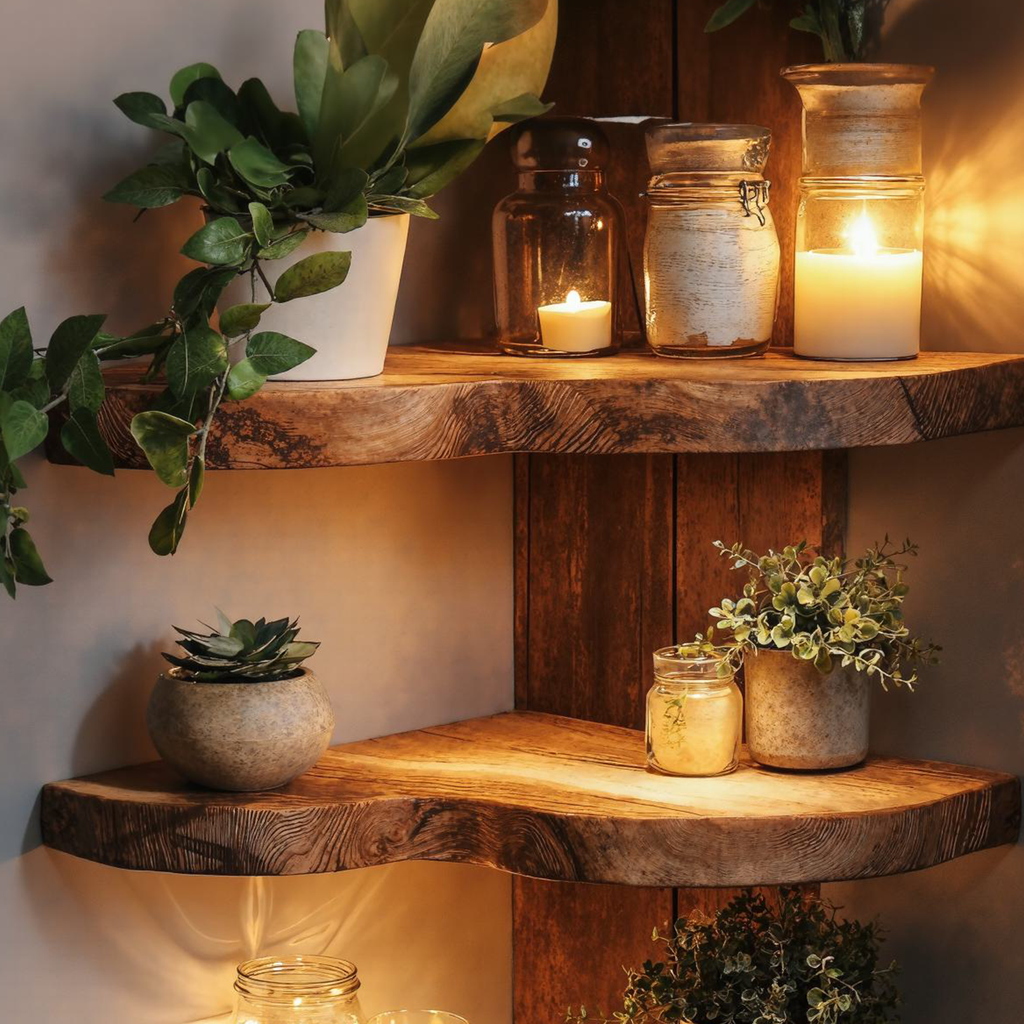 Corner Floating Shelf, Custom Size Live Edge Wood Wall Shelf