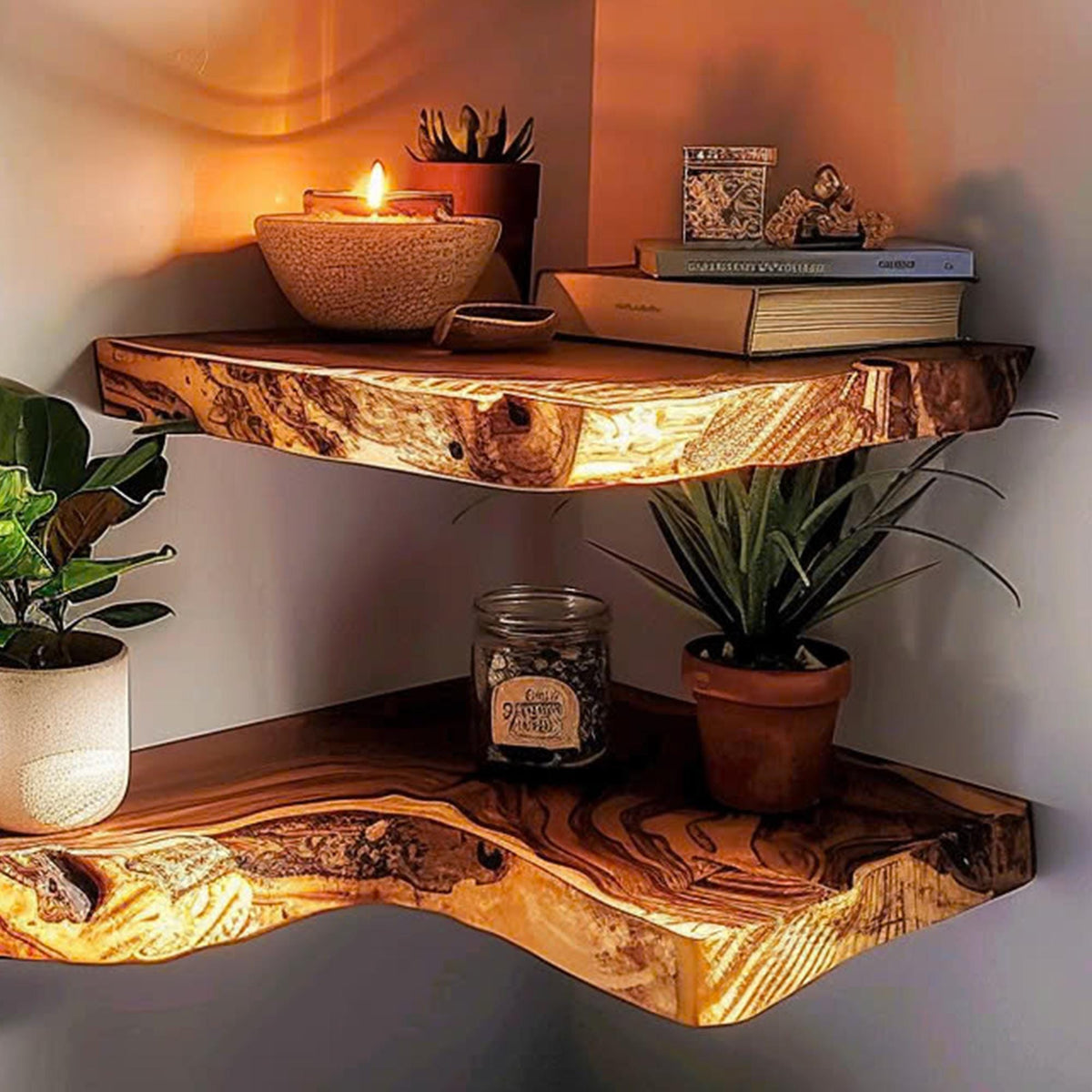 Corner Wall Shelf, Mid Century Floating Bookcase in Natural Wood