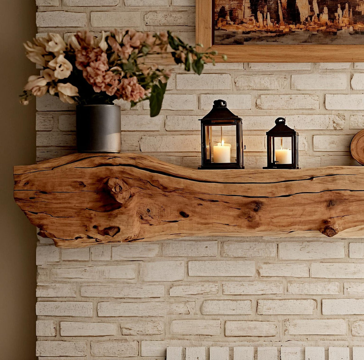 Rustic Floating Fireplace Mantel Shelf, Solid Wood for Living Room