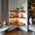 Live Edge Corner Shelf, Rustic Solid Wood Floating Display