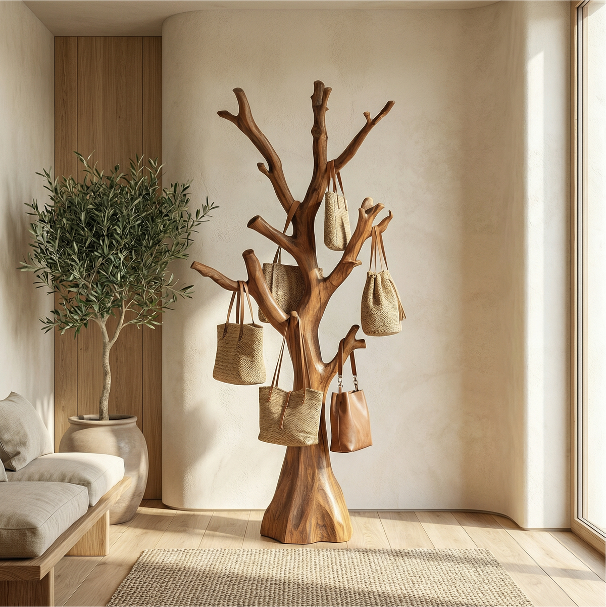 Tree Coat Rack Stand, Hand-Carved Rustic Wood Branch Hall Tree