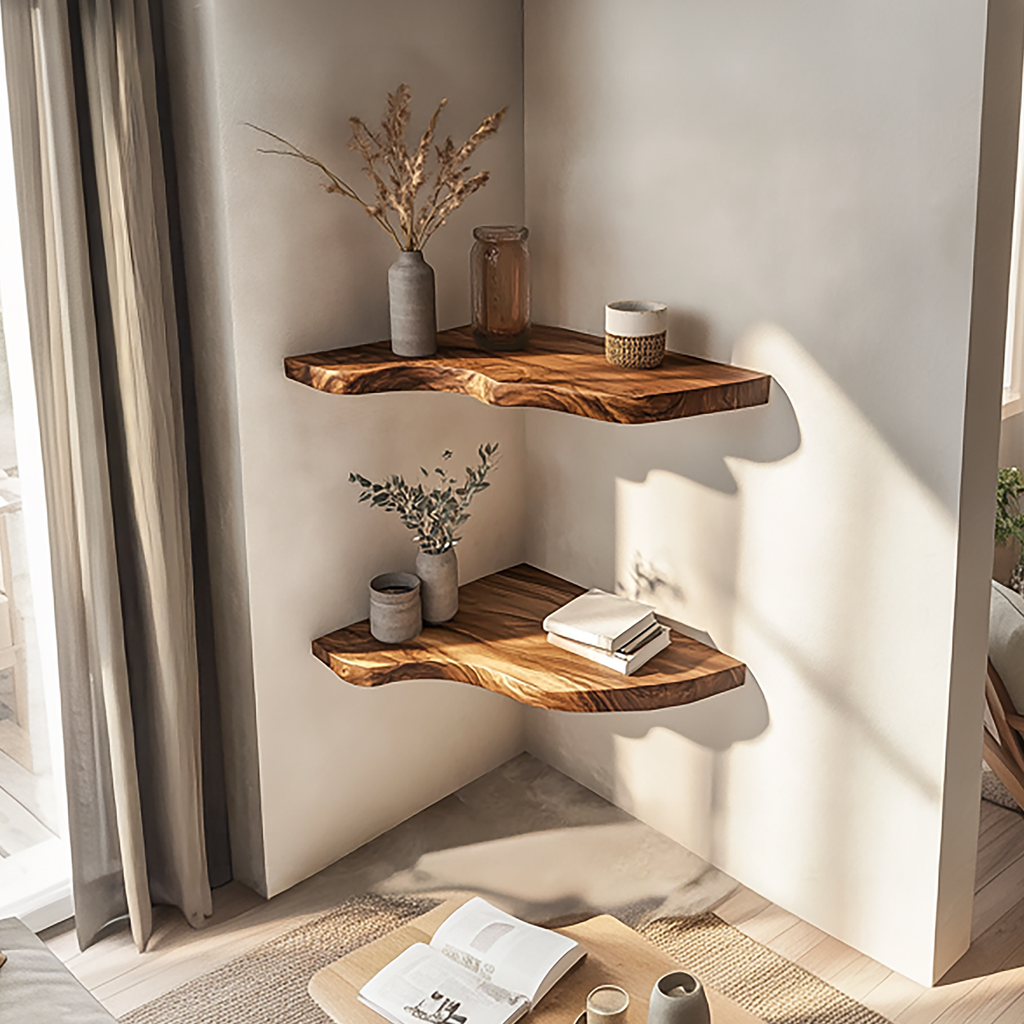 Live Edge Corner Shelf, Sculptural Rustic Solid Wood Floating L-Shelf
