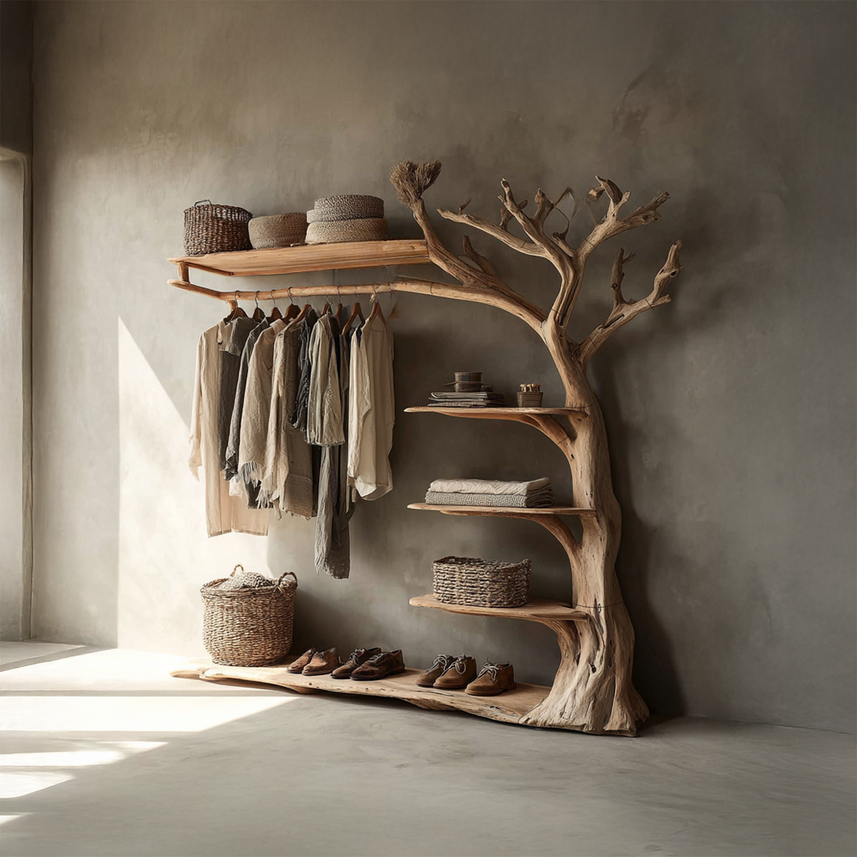 Tree Coat Rack with Shoe Shelf, Live Edge Entryway Hall Tree