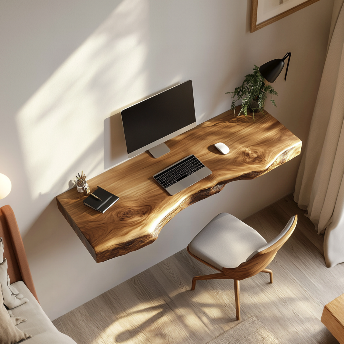 Handcrafted Live Edge Wall Desk Solid Wood Study Room Interior Artistic Design