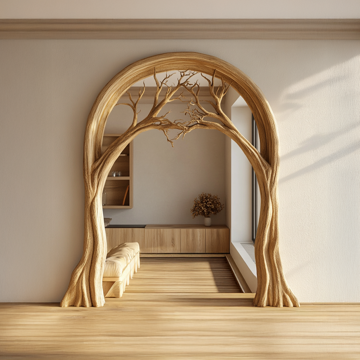 Sculptural Wood Archway, Carved Tree Branch Entryway Arch Installation