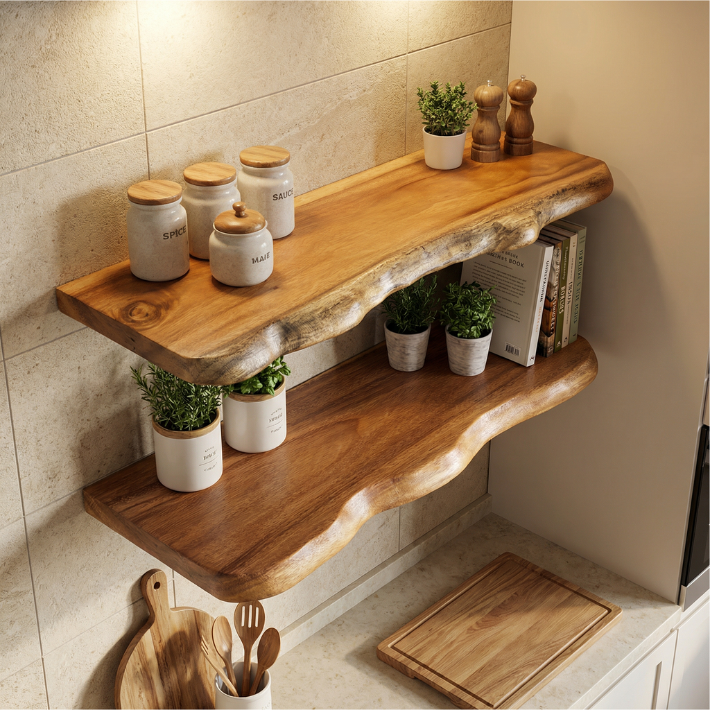 Rustic Floating Shelf, Solid Wood Kitchen Pantry Wall Shelf