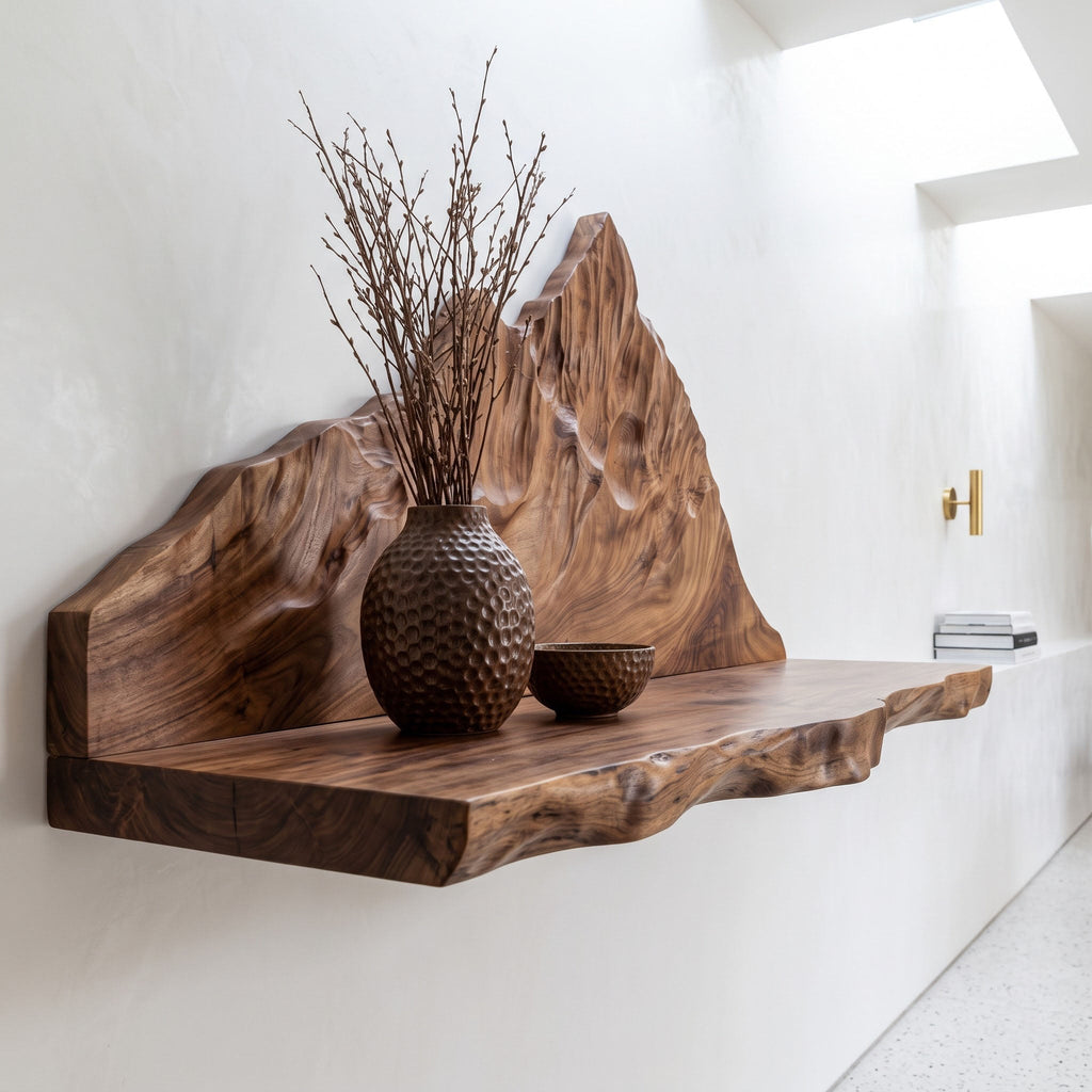 Mountain Landscape Relief Solid Wood Floating Shelf Live Edge Display Ledge