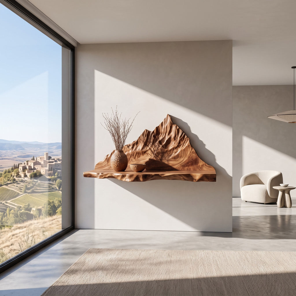 Mountain Landscape Relief Solid Wood Floating Shelf Live Edge Display Ledge