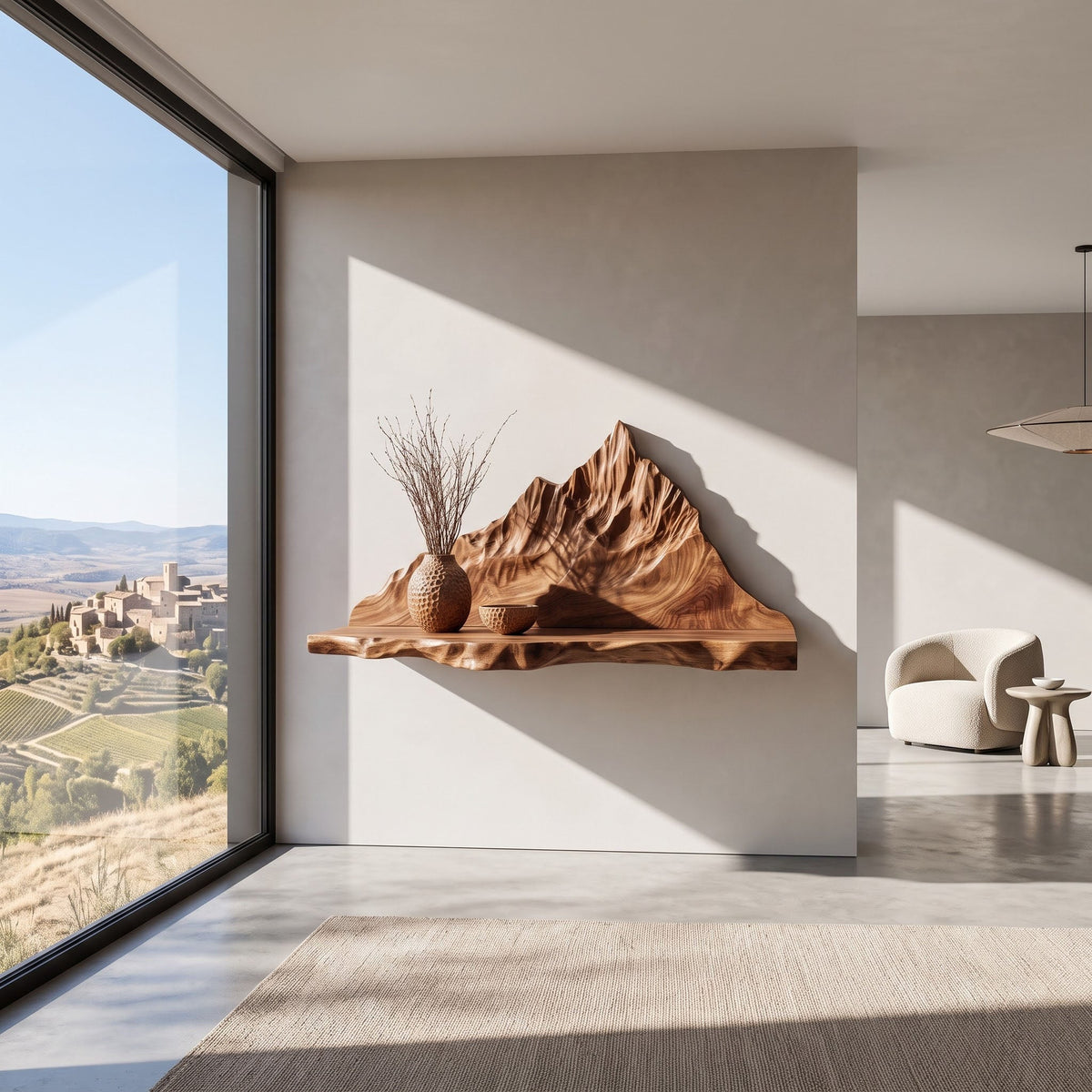 Mountain Landscape Relief Solid Wood Floating Shelf Live Edge Display Ledge