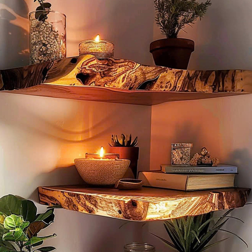 Corner Wall Shelf, Mid Century Floating Bookcase in Natural Wood