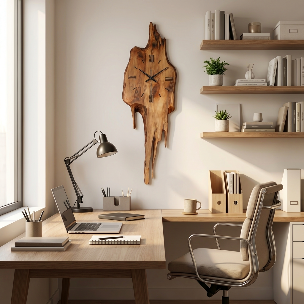 Artistic Wall Clock with Floating Edge, Handcrafted Solid Wood Abstract Hanging