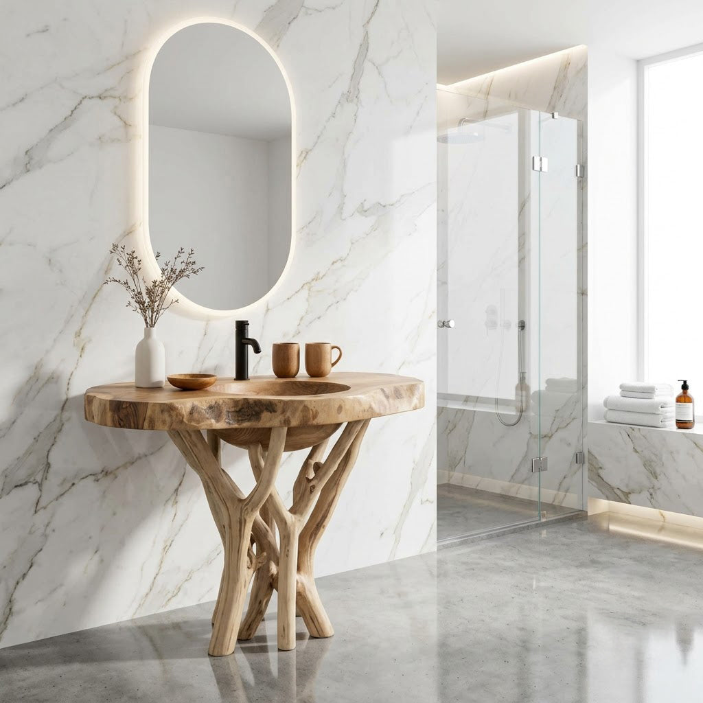 Sculpted Branch Pedestal Solid Wood Bathroom Vanity Organic Live Edge Washstand