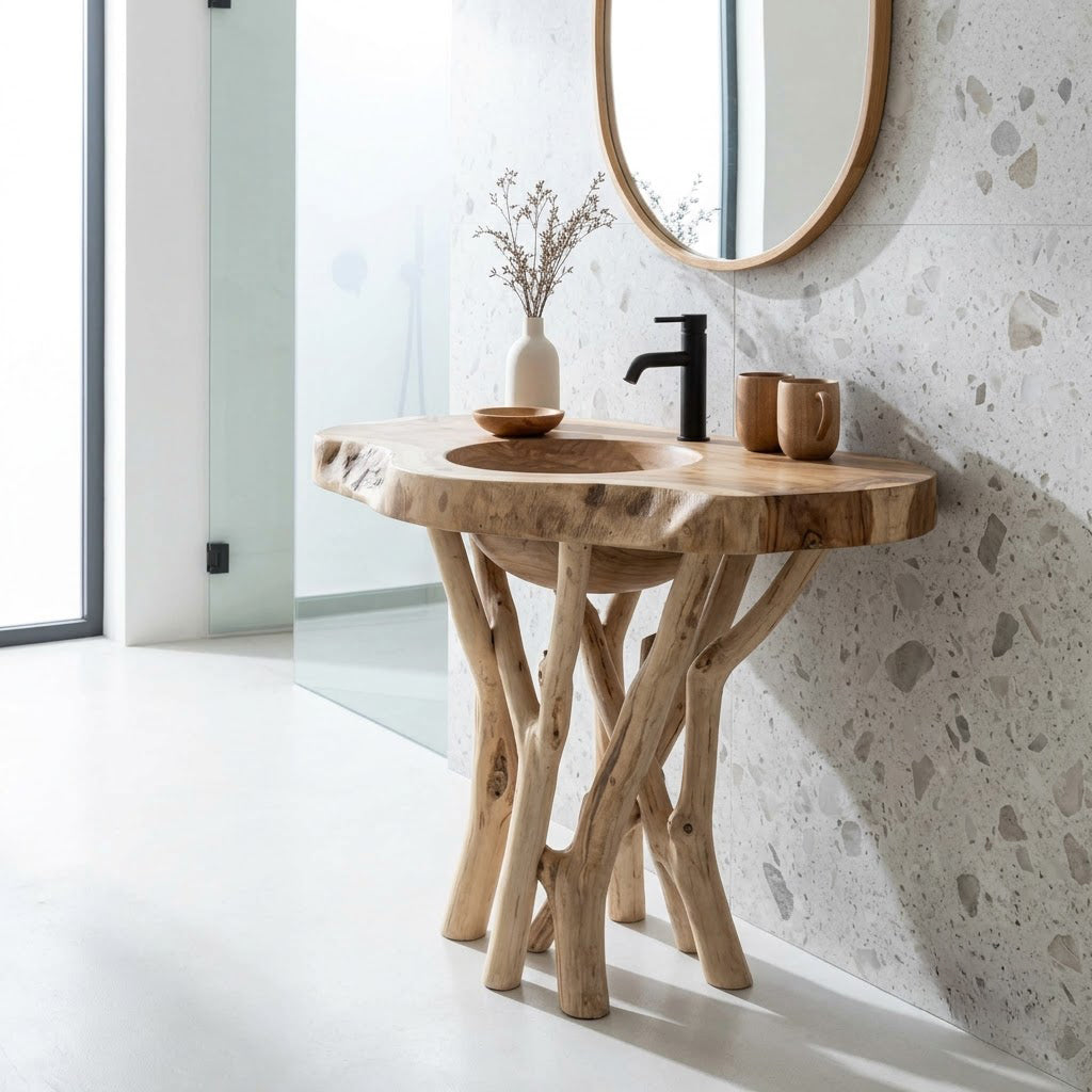 Sculpted Branch Pedestal Solid Wood Bathroom Vanity Organic Live Edge Washstand