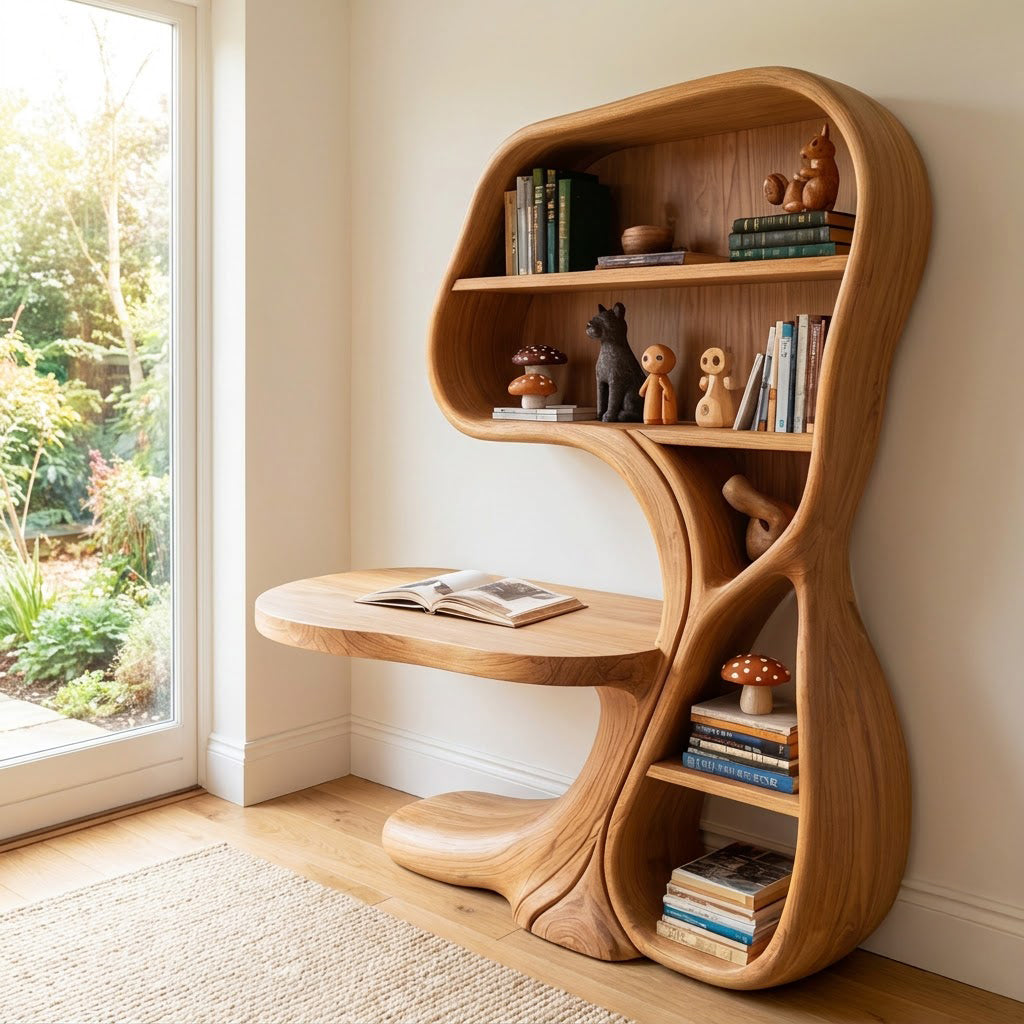 Sculptural Hand-Carved Curvilinear Solid Wood Desk & Bookshelf Combo Unit With Cantilevered Workstation