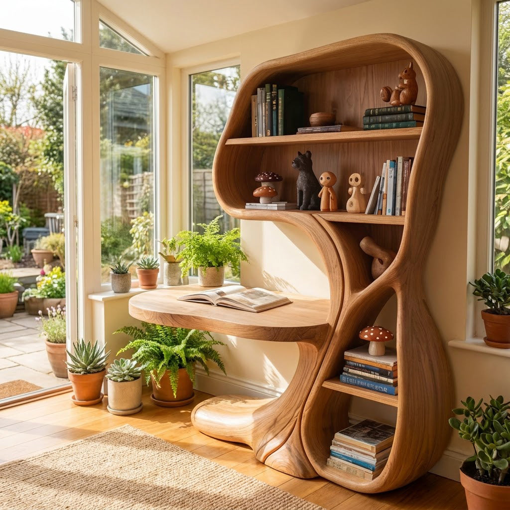 Sculptural Hand-Carved Curvilinear Solid Wood Desk & Bookshelf Combo Unit With Cantilevered Workstation