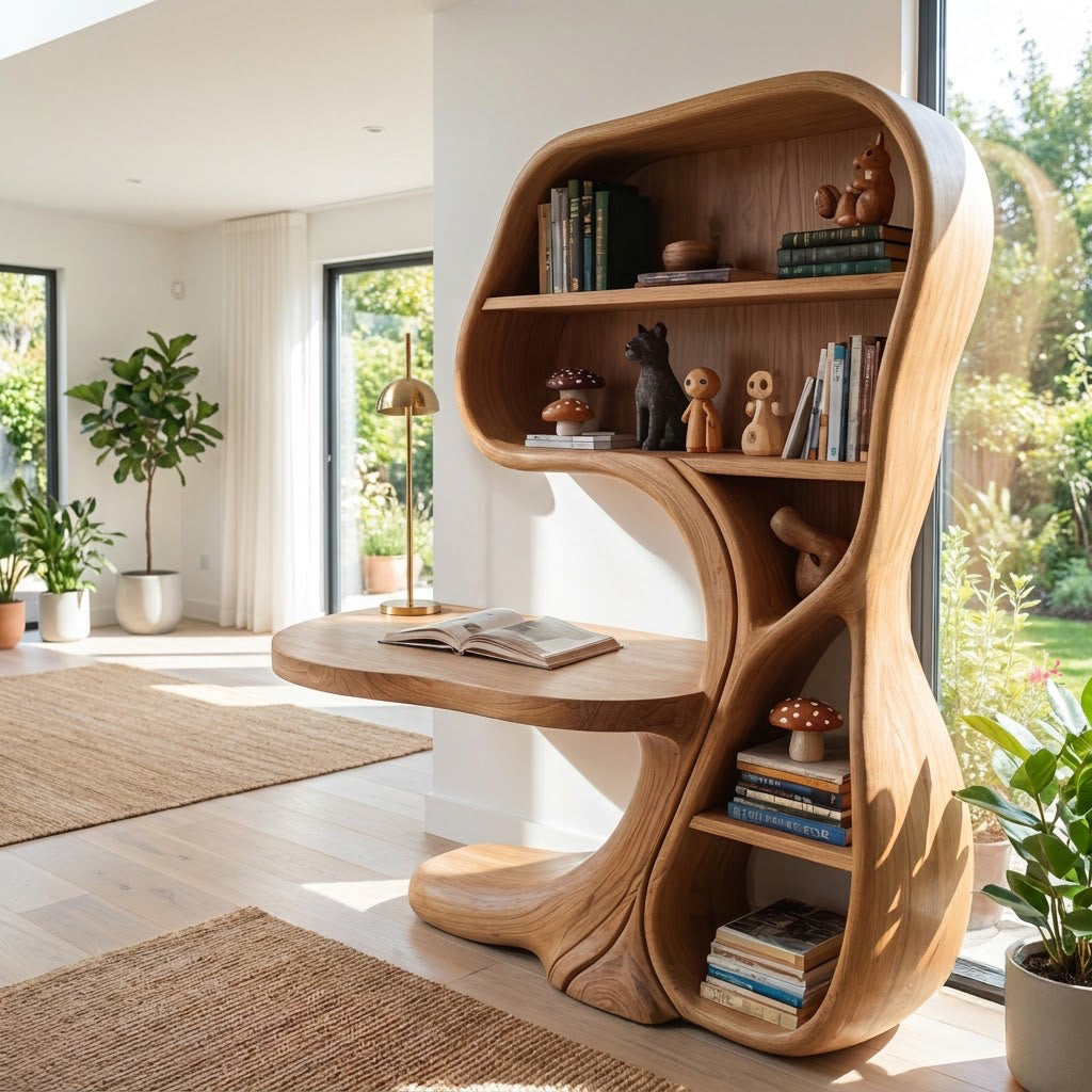 Sculptural Hand-Carved Curvilinear Solid Wood Desk & Bookshelf Combo Unit With Cantilevered Workstation