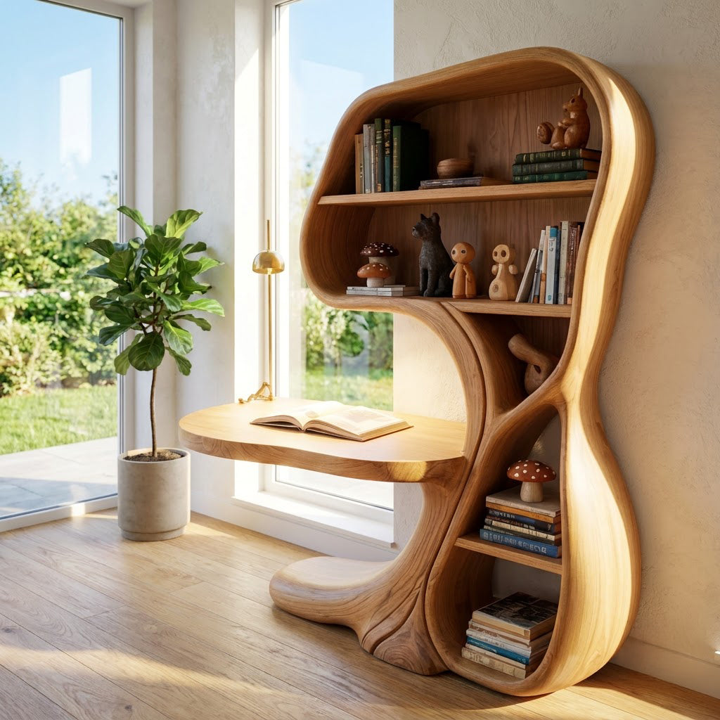 Sculptural Hand-Carved Curvilinear Solid Wood Desk & Bookshelf Combo Unit With Cantilevered Workstation