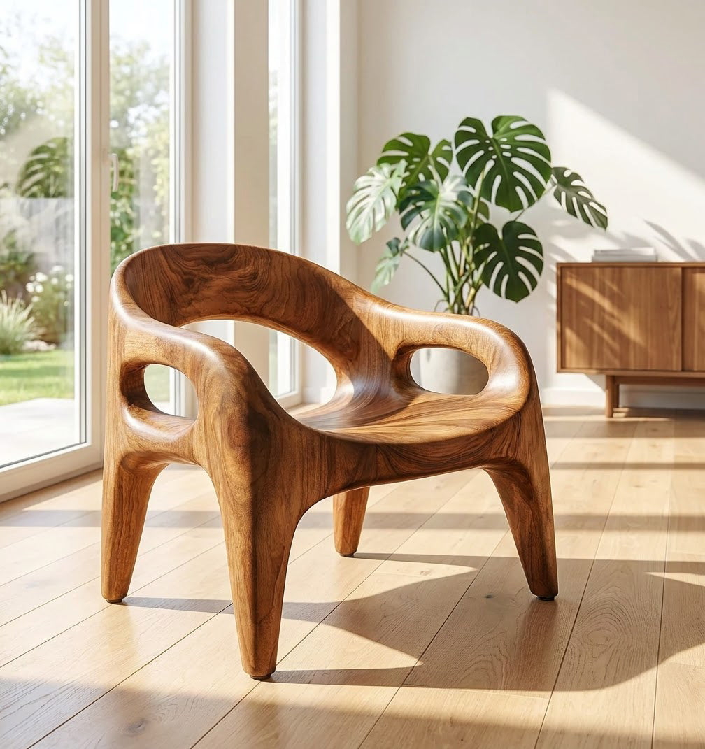 Sculptural Hand-Carved Monolithic Solid Wood Accent Chair & Biomorphic Lounge Chair