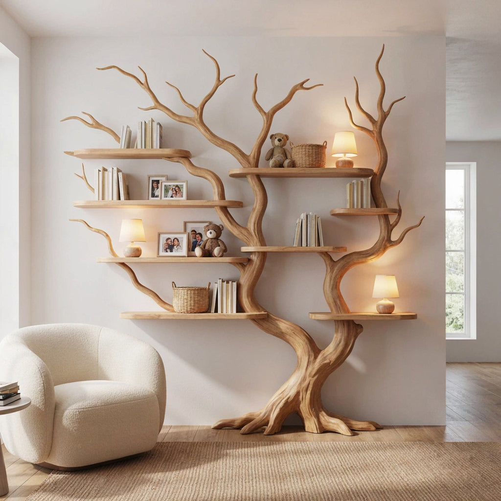 Sculptural Hand-Carved Tree Solid Wood Bookshelf & Sprawling Branch Wall Display Unit